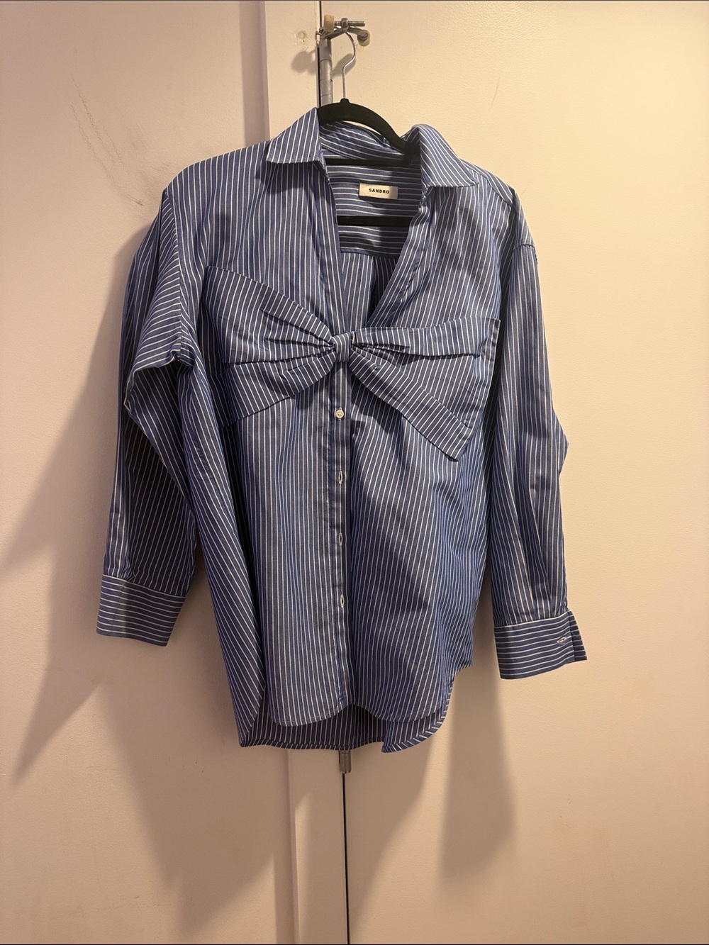 Sandro Blue and White Striped bow Button-Front Shirt with Front Tie